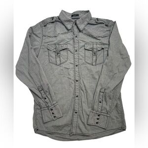 BKE Men’s Pearl Snap Button Up Long Sleeve Grey Striped Shirt Slim Fit Medium